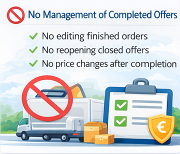 Ilustrație care arată că șoferii nu pot edita sau redeschide oferte de transport finalizate pe platforma ExusTrans